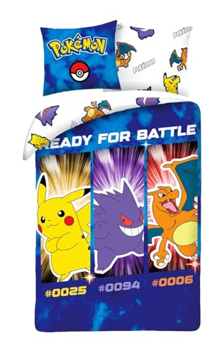 Pokemon Bettwäsche Set 135x200 + 80x80 · Pokémon Pikachu, Glurak & Gengar · KinderBettwäsche Set 2-teilig Bettbezug + Kissenbezug · Deutsche Größe · Baumwolle von Halantex