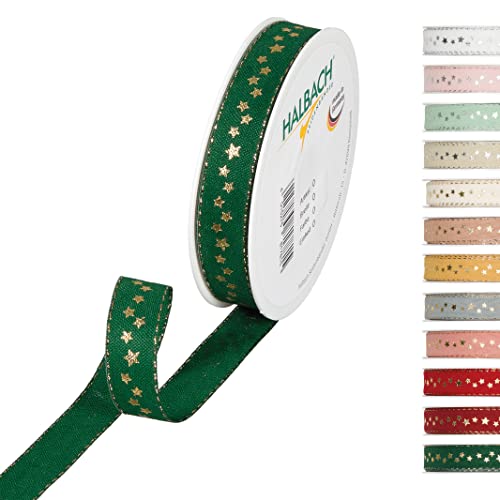 Halbach Seidenbänder Weihnachtsband 15 mm x 18 m Geschenkband für Weihnachten zum Einpacken von Geschenken, Schleifenband mit Sternen in Gold bedruckt und Lurexkanten, Farbe: Grün von Halbach Seidenbänder