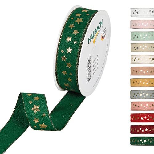Halbach Seidenbänder Weihnachtsband 25 mm x 18 m Geschenkband für Weihnachten zum Einpacken von Geschenken, Schleifenband mit Sternen in Gold bedruckt und Lurexkanten, Farbe: Grün von Halbach Seidenbänder