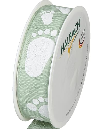 Halbach Seidenbänder Geschenkband Baby | 25mm x 16m | Schleifenband als Deko für Babyparty und zum Verpacken von Geschenken für Babyshower | Farbe: mint/weiß von Halbach Seidenbänder