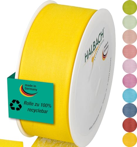 Halbach Seidenbänder Geschenkband | Breite 40mm Länge 25m | Schleifenband made in Germany | Geschenkbänder in Vielzahl von Farben und Breiten, perfekt zum Verpacken und Dekorieren, Farbe: lemon von Halbach Seidenbänder