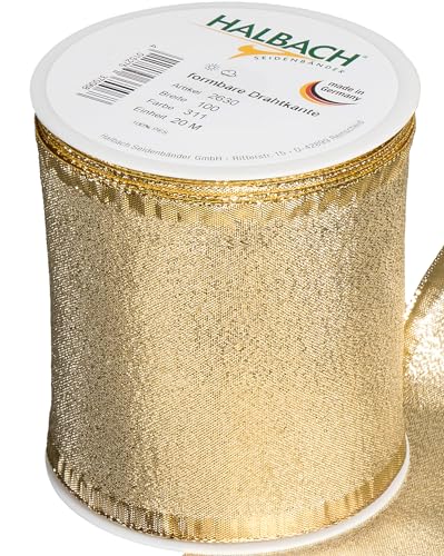 Halbach Seidenbänder Geschenkband Gold - made in Germany - mit formbaren Drahtkanten | 100mm x 25m | Edles goldenes Band für Hochzeit oder Weihnachten Halbach Seidenbänder Geschenkband Gold - made in Germany - mit formbaren Drahtkanten | 100mm x 25m | Edles goldenes Band für Hochzeit oder Weihnachten von Halbach Seidenbänder