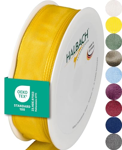 Halbach Seidenbänder Premium Geschenkband mit Drahtkante | Breite 25mm Länge 25m | Öko-Tex 100 zertifiziertes Schleifenband | Taftband Made in Germany, Farbe: gelb von Halbach Seidenbänder