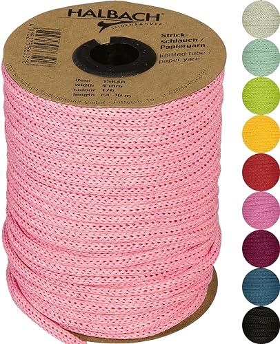 Halbach Seidenbänder Premium Papier Strickschlauch | Breite: 4mm Länge: 30m | Schlauchgarn befüllbar und reißfest, Papiergarn für Namensschilder Kinderzimmer oder zum basteln, Farbe: blasspink von Halbach Seidenbänder