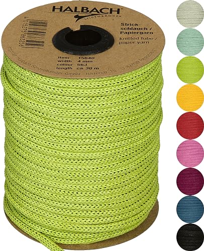 Halbach Seidenbänder Premium Papier Strickschlauch | Breite: 4mm Länge: 30m | Schlauchgarn befüllbar und reißfest, Papiergarn für Namensschilder Kinderzimmer oder zum basteln, Farbe: hellgrün von Halbach Seidenbänder