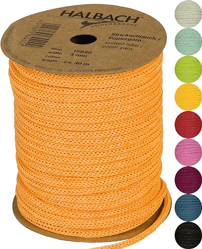 Halbach Seidenbänder Premium Papier Strickschlauch | Breite: 4mm Länge: 30m | Schlauchgarn befüllbar und reißfest, Papiergarn für Namensschilder Kinderzimmer oder zum basteln, Farbe: orange von Halbach Seidenbänder