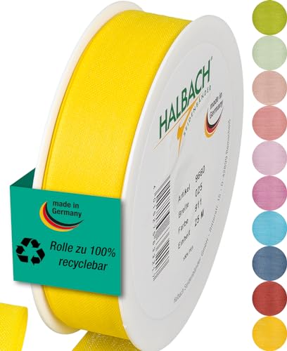 Halbach Seidenbänder Geschenkband | Breite 25mm Länge 25m | Schleifenband made in Germany | Geschenkbänder in Vielzahl von Farben und Breiten, perfekt zum Verpacken und Dekorieren, Farbe: lemon von Halbach