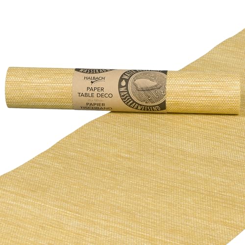 Halbach Seidenbänder Papier-Tischband | Breite 25cm Länge 1,80m | moderner Tischläufer abwaschbar, Tischdeko Outdoor wetterfest | Farbe: strohgelb von Halbach Seidenbänder