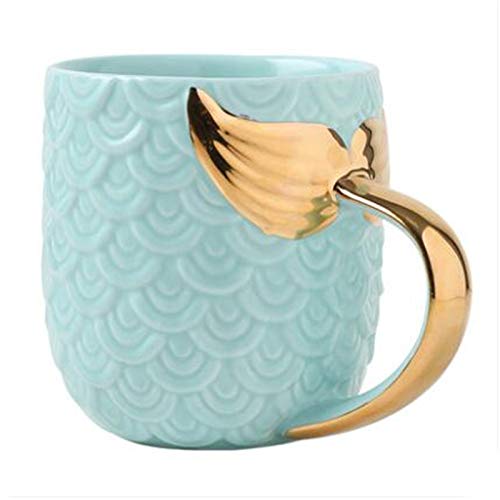 Kreative 400 ML Keramik Karikatur Gold Griff Meerjungfrau Schwanz Kaffee Becher Nette Wasser Milch Tee Tasse Drinkware Craft Geschenk (Blue) von HalcyonFit