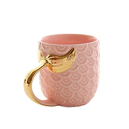Kreative 400 ML Keramik Karikatur Gold Griff Meerjungfrau Schwanz Kaffee Becher Nette Wasser Milch Tee Tasse Drinkware Craft Geschenk (Pink) von HalcyonFit