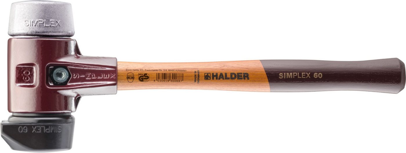 Halder KG Hammer Halder Simplex-Schonhammer 60mm mit Standfuß und 2 Schlageinsätzen Gummi mittelhart & Weichmetall hart - 3029.260 von Halder KG