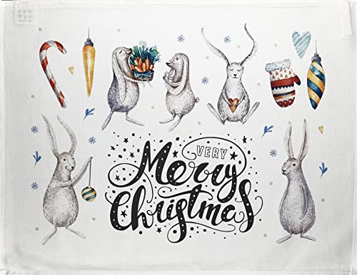 Half a Donkey Großes Baumwoll-Geschirrtuch mit Aufschrift A Very Merry Christmas from The Rabbit Family von Half a Donkey