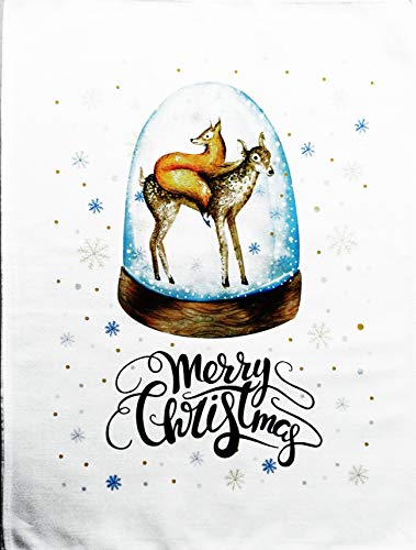 Half a Donkey Merry Christmas Fuchs und Rentier im Schneekugel Design – großes Baumwoll-Geschirrtuch von Half a Donkey