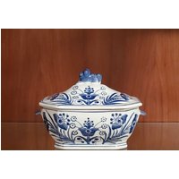 Vintage Löwe Finial Bedeckt Blau Und Weiß Porzellan Küche Display Sammlerstück Deckel Auflauf Schale von HalfPriceWarehouse