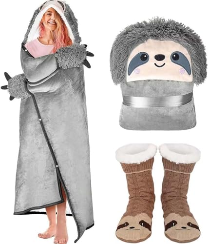 Faultier Kuscheldecke Faultier Geschenk für Frauen,Tragbare Decke mit Kapuze und Handschuhen, Superweiche und Warme Flanell Kuscheldecke, Oversized Blanket Hoodie als Geschenke für Herren Damen von Hallelujah