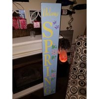 Frühling Porch Schild Reversible Vertikales Distressed Holzschild Extra Großes Willkommen Übergroßer Terrasse Dekor Bauernhaus Hallo Frühlingsblumen von HalliesCollectibles