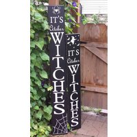 It Es October Witches 5 Ft Porch Schild Halloween Wendbar Distressed Holz Zeichen Groß Dekor Primitive Herbst Spinne Hexe von HalliesCollectibles