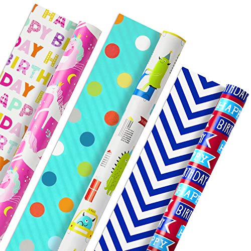 Hallmark 5EWR2434 Reversible Wrapping Paper, Kids Birthday (Pack of 3, 120 sq. ft. TTL) Wendbares Geschenkpapier für Kinder, Papier, Pink von Hallmark