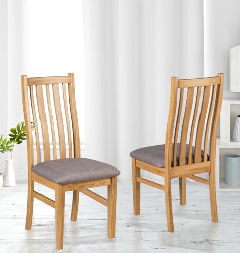 1 Paar Esszimmerstühle aus massiver Eiche in hellem Eichen-Finish mit Stahlgrauem Stoff-Sitzpolster | Sitzfläche aus Leinen aus Holz von Hallowood Furniture