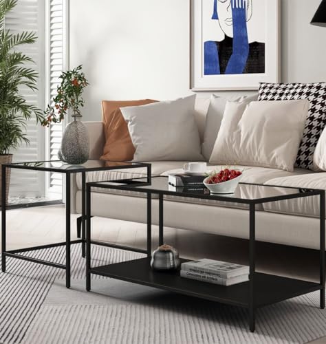 Hallowood Furniture Bewdley Nesting Couchtische mit Glasplatte, Großer Couchtisch aus Glas mit Ablage, Industriell Schwarz Nest von Tischen, Perfekt für Lounge oder Wohnzimmer von Hallowood Furniture