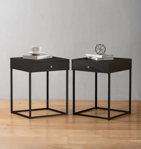 Hallowood Furniture Bewdley Schwarzer Nachttisch aus Metall mit 1 Schublade 2er Set, Moderner Kaffee Magazin Beistelltisch mit Metallgestell für Wohnzimmer von Hallowood Furniture