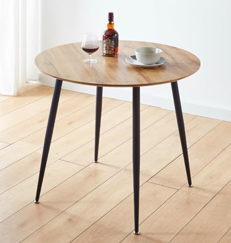 Hallowood Furniture Cullompton Kleiner Esstisch mit Tischplatte in Eichenoptik und schwarzen Metallbeinen, runder Tisch für 2–4-Sitzer, für Esszimmer oder Cafés, Küchenmöbel (90 cm) von Hallowood Furniture