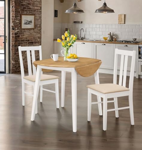Hallowood Furniture Ledbury Kleines Esszimmer-Set, 2er-Set, runder Tisch mit Blättern und cremefarbenem Stoff, gepolsterte Sitzstühle, Holz-Klapptisch und Stühle in weißem Finish, Esszimmer-Set von Hallowood Furniture