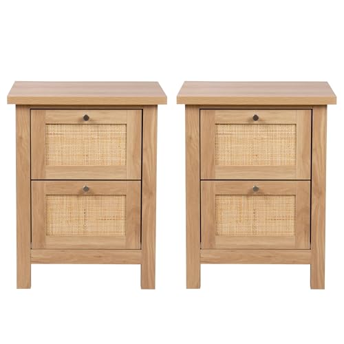 Hallowood Furniture Newquay Nachttisch in Eichenoptik mit 2 Schubladen und Rattan-Front, 2er-Set, schmaler Nachttisch, Lampentisch, Schlafzimmeraufbewahrung, Nachttisch, Beistelltisch für Wohnzimmer von Hallowood Furniture