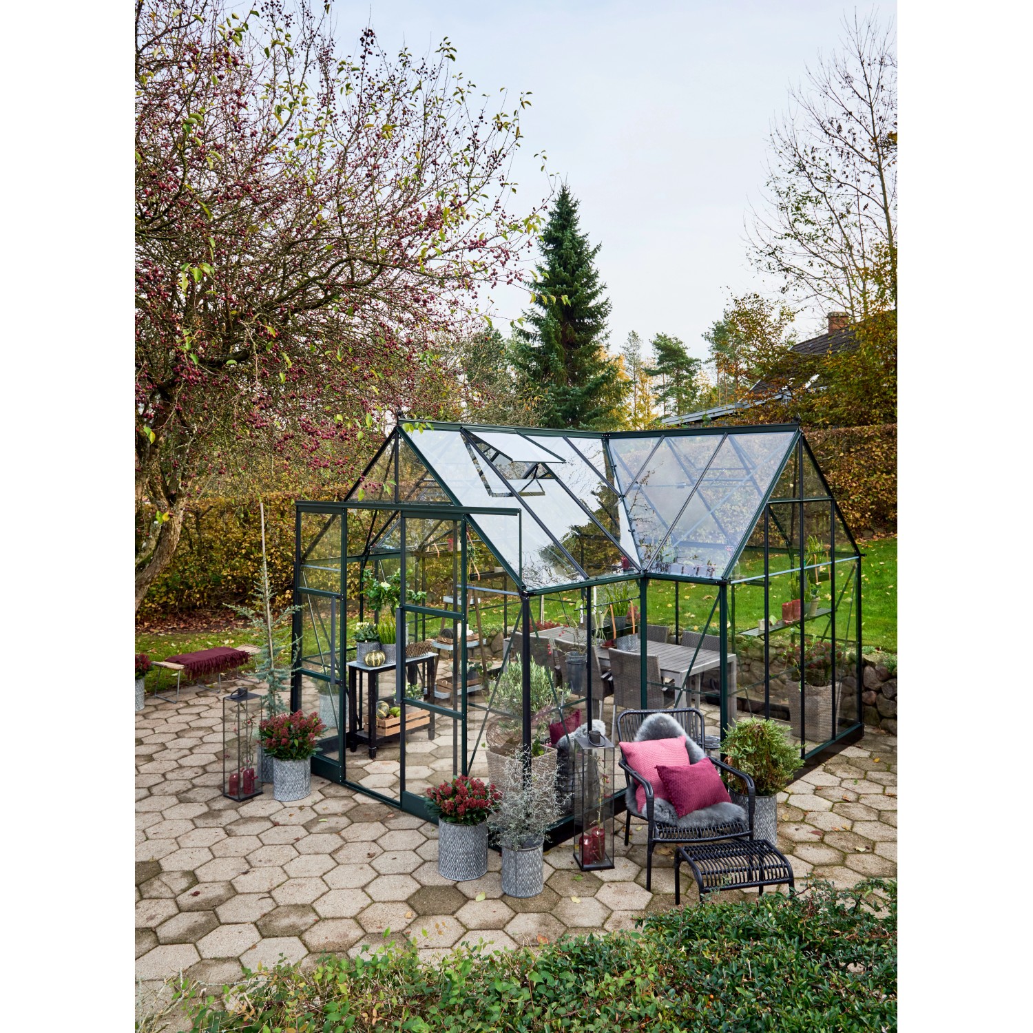 Halls Gewächshaus Garden Room ESG 3 mm Grün 12,9 m² inkl. Fundamentrahmen von Halls