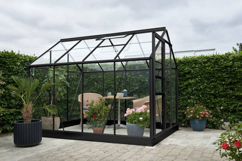 Halls Gewächshaus Popular SET - 5 m² 2.57 x 1.93 m (Gr. 2) 3 mm Blankglas schwarz von Halls