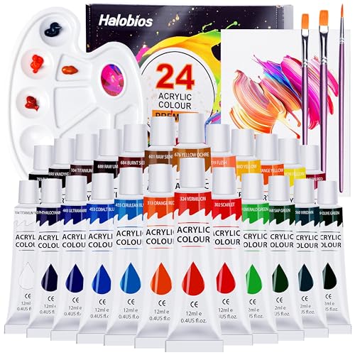 Halobios Acrylfarben-Set mit 24 Farben, 12 ml Tubenfarben mit 3 Pinseln, 1 Palette, 1 leere Leinwand für Künstler, Anfänger und Kinder, Acrylfarben-Set für Leinwand, Holz, Papier, Glas, Stoff von Halobios