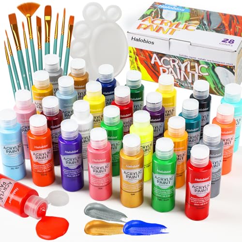 Halobios Acrylfarben-Set mit Pinsel und Palette – 28×60 ml hochwertige ungiftige Acrylfarbe, mit fluoreszierenden und metallischen Farben, schnell trocknend, wasserfest und lichtecht Halobios Acrylfarben-Set mit Pinsel und Palette – 28×60 ml hochwertige ungiftige Acrylfarbe, mit fluoreszierenden und metallischen Farben, schnell trocknend, wasserfest und lichtecht von Halobios