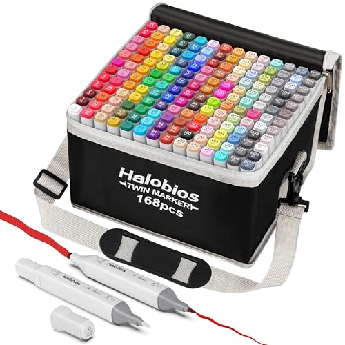 Halobios Alkoholmarker Set 168 Farben, Marker mit Schnell Trocknender, Lebendige Alkohol Tinte, Inkl. Tragetasche | Für Zeichnen, Manga, Design, Malerei – Professionelle Künstler marker für Erwachsene von Halobios