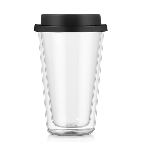 Haloppe Reise-Kaffeetasse, stabiler Glasbecher, 350 ml, doppelwandig mit Silikondeckel, isoliert, Kaltgetränke, Tee, Milch, hohe Borosilikatqualität, Schwarz von Haloppe
