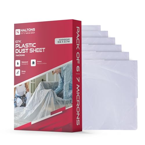 Haltons - Weiße LDPE-Staubschutzfolien – Lackschutz & Staubschutz für Renovierung – Multi-Pack Kunststofftuch für Möbel, Boden & Schmutzschutz – recycelbar und langlebig (6 Stück (3,6 x 2,7 m/7 μm)) von Haltons