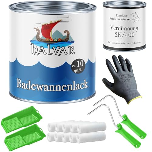 Halvar 2K Badewannenlack im Set - Badewannenbeschichtung inkl. Farbroller, Handschuhe & Entfetter - Badewanne streichen mit Emaille Lack (2,5 L, Weiß) von Halvar