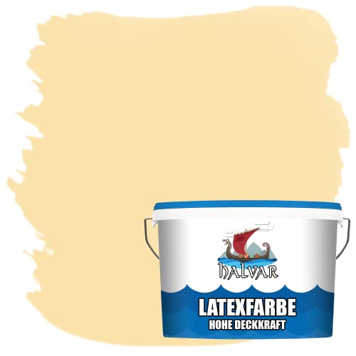 Halvar Latexfarbe hohe Deckkraft Weiß & 100 Farbtöne - abwischbare Wandfarbe für Küche, Bad & Wohnraum Geruchsarm, Abwischbar & Weichmacherfrei (5 L, Sandgelb) von Halvar