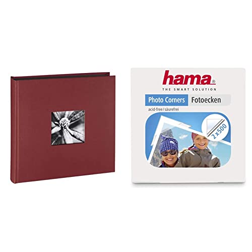 Hama Bundle Fotoalbum Jumbo 30x30 cm (Fotobuch mit 100 schwarzen Seiten) Bordeaux Fotoecken 1000 Stück (selbstklebend, geeignet für Fotoalbum, Spenderbox 2X 500 Stück), transparent von Hama