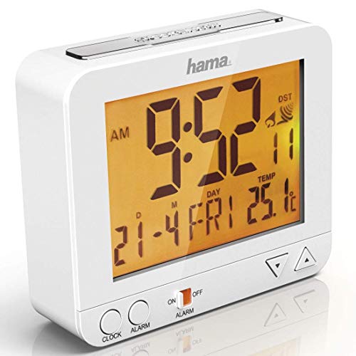 Hama Funk-Wecker Digital RC550 (Funkuhr mit Nachlicht, Digitalwecker mit Temperatur- und Datumsanzeige, Speed-Alarm, inkl. Batterie) weiß, 12.50 x 09.00 x 04.80 cm von Hama