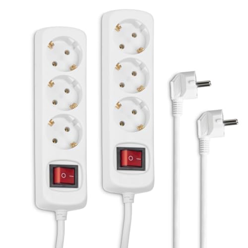 Hama 2er-Set Steckdosenleiste 3-Fach (2X Mehrfachsteckdose mit Schalter zum Stromsparen, Steckplätze 45 Grad gedreht, Kabel 1,4m, GS geprüft) Weiß von Hama