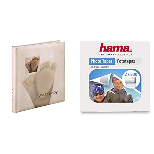 Hama Babyalbum Baby Feel (Fotoalbum mit 60 Seiten für 300 Fotos, Album Format 29 x 32 cm) Sand & Fototapes 1.000 Stück (2 x 500 Fotokleber, doppelseitig Selbstklebende Klebepads) von Hama