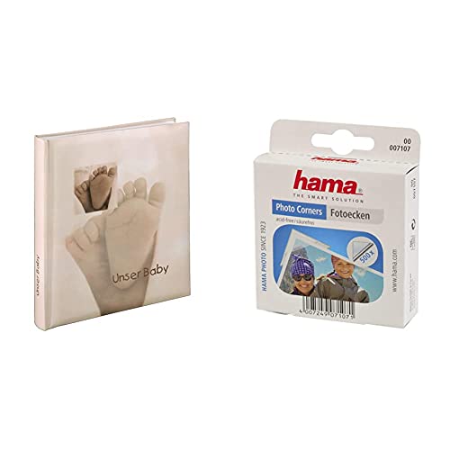 Hama Babyalbum Baby Feel (Fotoalbum mit 60 Seiten für 300 Fotos, Fotobuch für Kinderfotos, Album Format 29 x 32 cm) Sand & Fotoecken (500 Stück, selbstklebend) transparent, weiß von Hama