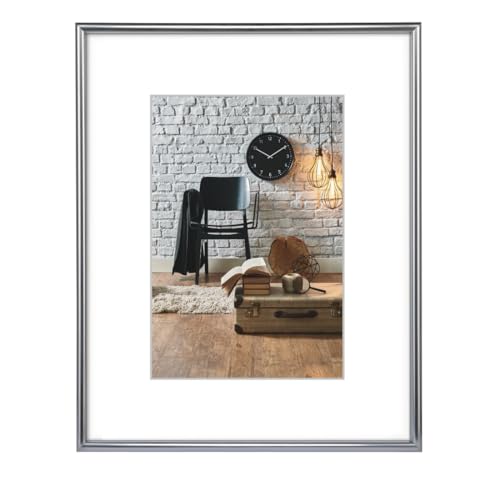 Hama Bilderrahmen 30x40 cm Sevilla (Fotorahmen mit Passepartout-Einleger 20x27 cm, Kunststoff Rahmen mit hochwertigem Glas zum Aufhängen) silber-matt von Hama