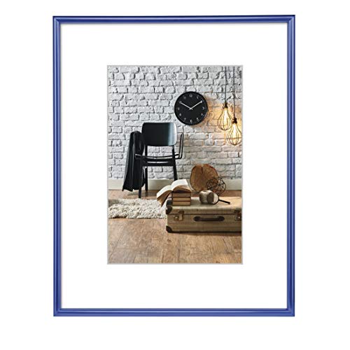 Hama Bilderrahmen Sevilla DIN A3 (29,7x42 cm) (Fotorahmen mit Papier-Passepartout 18x24 cm, Rahmen aus bruchsicherem Kunststoff Glas zum Aufhängen) blau von Hama
