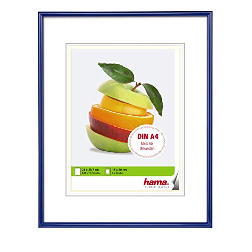 Hama Bilderrahmen Sevilla, DIN A4 (21 x 29,7 cm) mit Passepartout 15 x 20 cm, hochwertiges Glas, Kunststoff Rahmen, zum Aufhängen, blau von Hama