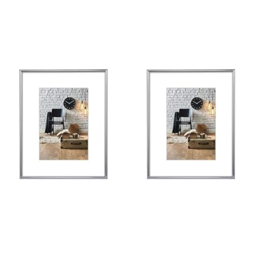Hama Bilderrahmen Sevilla DIN A3 (29,7x42 cm) (Fotorahmen mit Papier-Passepartout 18x24 cm, Rahmen aus bruchsicherem Kunststoff Glas zum Aufhängen) silber matt (Packung mit 2) von Hama