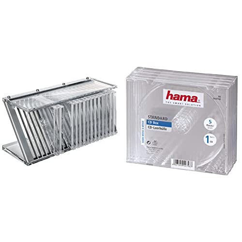 Hama CD Regal Rack für 20 Discs/CD Hüllen (CD Aufbewahrung für Office oder Kinder, hochwertiger CD Ständer) Silber & CD-Leerhülle (Standard, CD-Schutzhülle) 5er-Pack, transparent von Hama