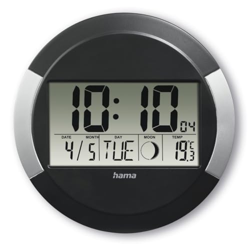 Hama Wanduhr Digital mit Funk PP-245 (Funkuhr ohne tickgeräusche, Digitaluhr mit LCD-Display, Thermometer, Kalender, Mondphase, inkl. Batterie zum aufhängen oder hinstellen) schwarz- silber von Hama