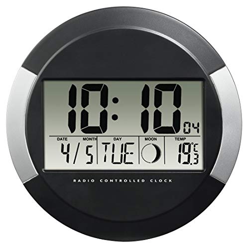 Hama Digitale Wanduhr mit Temperaturanzeige, „PP-245“ (DCF Funkuhr mit Datum, Thermometer, Mondphasen, zum Aufstellen/Aufhängen, 17cm Durchmesser, rund) Digitaluhr, Baduhr silber/schwarz von Hama