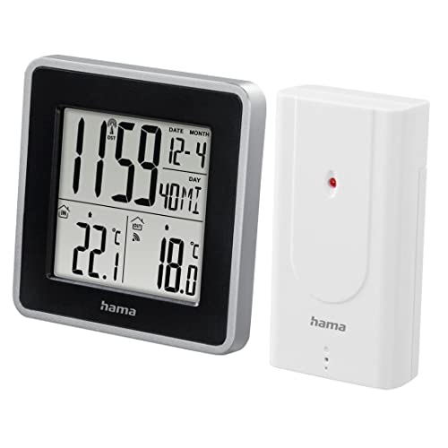Hama Digitales Thermometer mit Uhr (Funkthermometer mit Außensensor für Innen- und Außentemperatur, Funkuhr mit zwei Weckzeiten, Anzeige von Uhrzeit, Datum, Wochentag, großes Display) schwarz/silber von Hama
